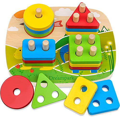 Wooden Shape Color Recognition Preschool Stack and Sort Geometric Board Blocks for Kids Children Dreampark Educational Toddler Toys for Boys Girls Age 1 2 3 4 and Up Non-Toxic 